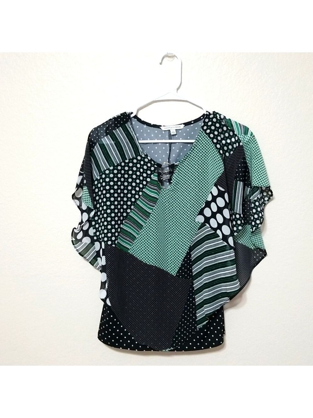 Boho blouse by Notations, size small, green and black,fully lined